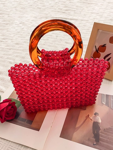 Bolso de Mano de Acrílico Tejido con Cuentas Hecho a Mano Mujer Asas Redondas de Resina Vintage Moda Verano Playa Vacaciones