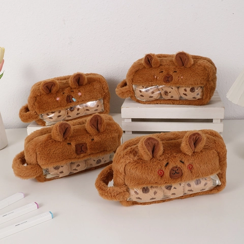 Trousse À Crayons En Peluche Capybara Mignonne Organisateur De Papeterie Grande Kapacité Avec Fenêtre Transparente Pochette Douce