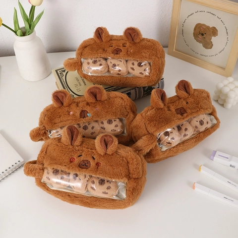 Trousse À Crayons En Peluche Capybara Mignonne Organisateur De Papeterie Grande Kapacité Avec Fenêtre Transparente Pochette Douce