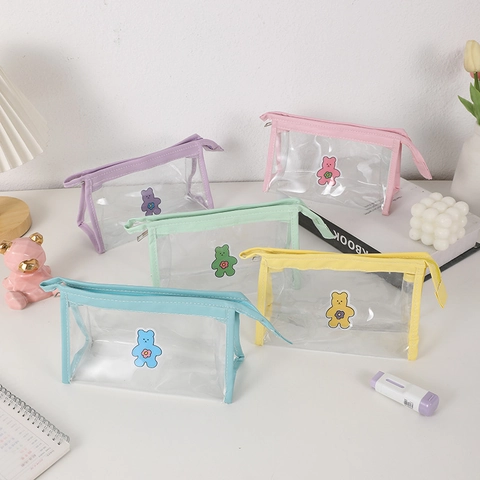 Cute Cartoon Bear Transparent PVC Pencil Case Waterproof Portable Stationery Pouch For Students Desktop Storage
