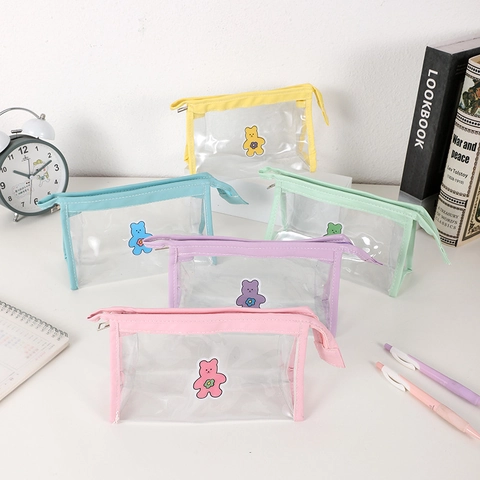 Cute Cartoon Bear Transparent PVC Pencil Case Waterproof Portable Stationery Pouch For Students Desktop Storage