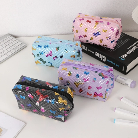 Trousse De Maquillage Matelassée Imprimé Papillon Cuir PU Grande Capacité Pochette Cosmétique Portable Étui À Crayons