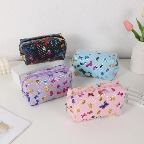 Trousse De Maquillage Matelassée Imprimé Papillon Cuir PU Grande Capacité Pochette Cosmétique Portable Étui À Crayons