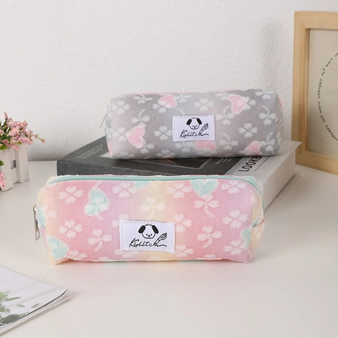 Large Capacity Pencil Case Gradient Macaron Color Mesh Clover Heart Pattern Cute Cartoon Dog Label Student Stationery Bag
