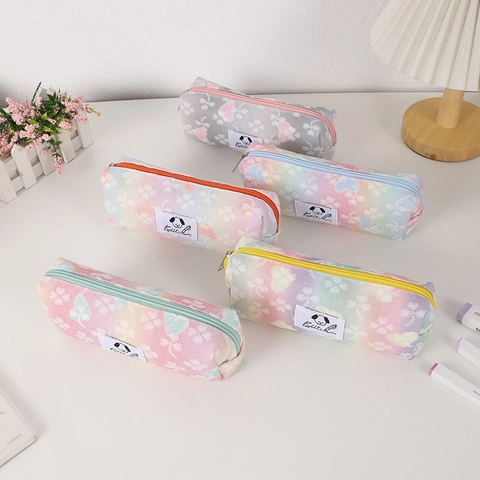 Large Capacity Pencil Case Gradient Macaron Color Mesh Clover Heart Pattern Cute Cartoon Dog Label Student Stationery Bag