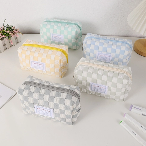 Pencil Case Large Capacity Checkerboard Pattern Quilted Bubble Texture Aesthetic Zipper Pouch For Students Girls