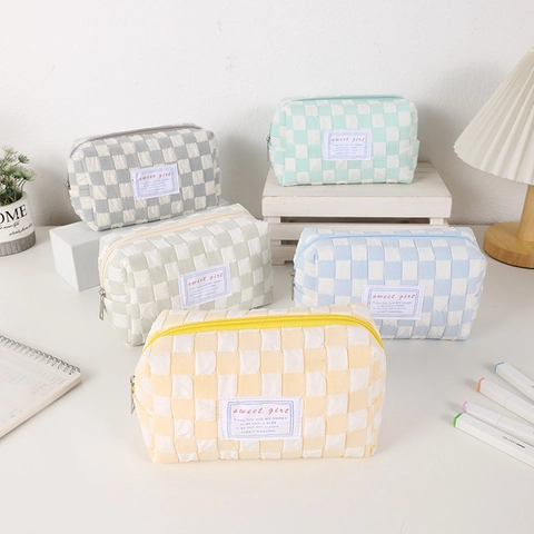 Pencil Case Large Capacity Checkerboard Pattern Quilted Bubble Texture Aesthetic Zipper Pouch For Students Girls