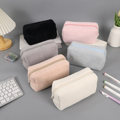 Astuccio in Peluche di Grande Capacità Texture a Bolle Minimalista Borsa da Trucco Tinta Unita Custodia per Cancelleria per Studenti Scuola Ufficio
