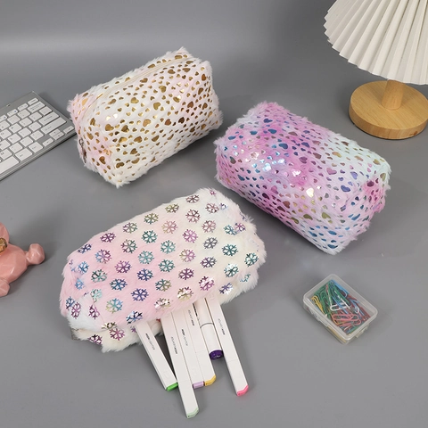 Astuccio Per Matite In Peluche Borsa Da Trucco Morbida Grande Capacità Custodia Cerniera Cuore Stella Farfalla Stampa Dolce
