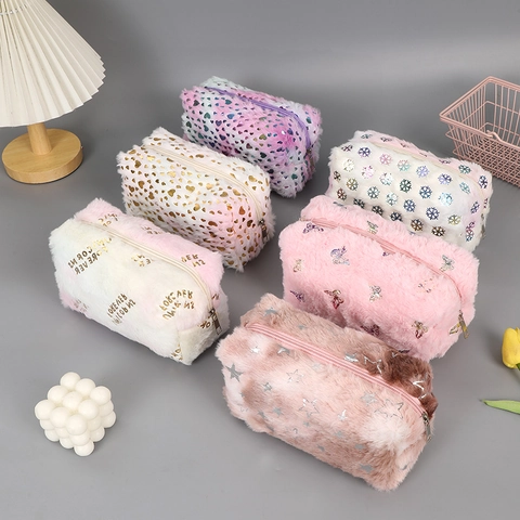 Astuccio Per Matite In Peluche Borsa Da Trucco Morbida Grande Capacità Custodia Cerniera Cuore Stella Farfalla Stampa Dolce