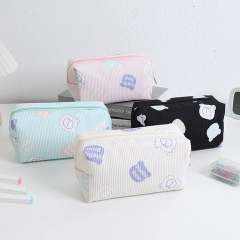 Astuccio Per Matite In Velluto A Coste Orso Cartone Animato Grande Capacità Borsa Cosmetica Portatile Kawaii Pochette