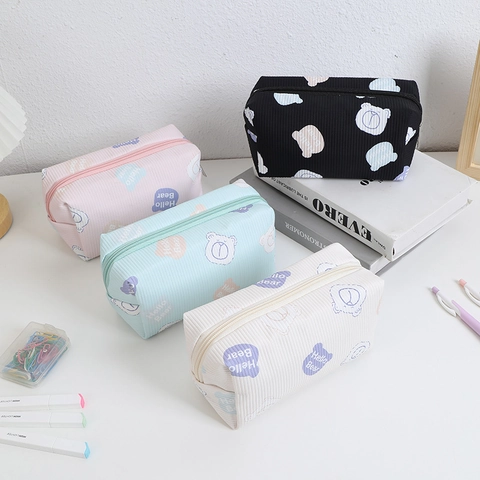 Astuccio Per Matite In Velluto A Coste Orso Cartone Animato Grande Capacità Borsa Cosmetica Portatile Kawaii Pochette