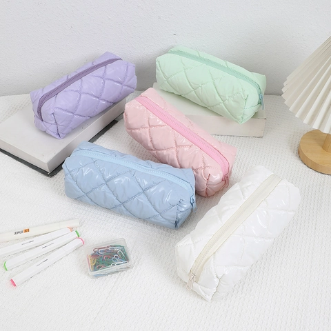 Quilted Diamond Pencil Case Large Capacity Macaron Colors Waterproof Synthetic Fabric Stationery Organizer Makeup Pouch