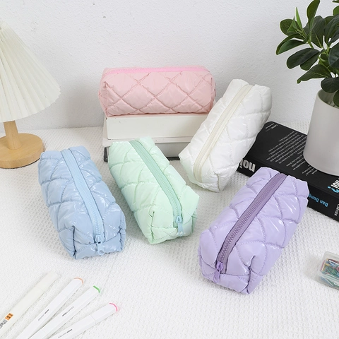 Quilted Diamond Pencil Case Large Capacity Macaron Colors Waterproof Synthetic Fabric Stationery Organizer Makeup Pouch