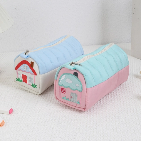 Creative House Shape Quilted Pencil Case Cute Embroidery Large Capacity Polyester Stationery Storage Bag For Students Girls Office