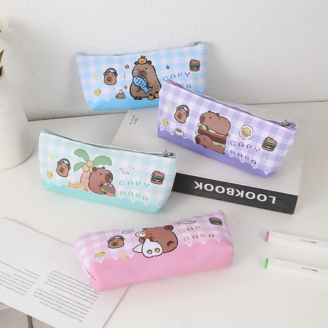 Lindo Estuche de Dibujos Animados de Carpincho Gran Capacidad Lona Patrón de Cuadrícula Bolsa de Papelería para Estudiantes Oficina