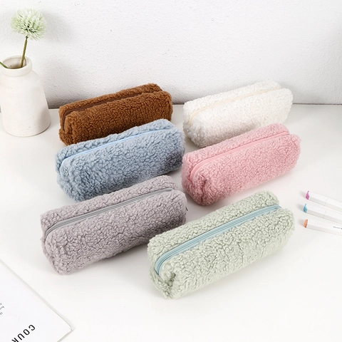 Astuccio Peluche Lana D'agnello Grande Capacità Borsa Cancelleria Morbida Carina Minimalista Portaoggetti Chiusura Lampo