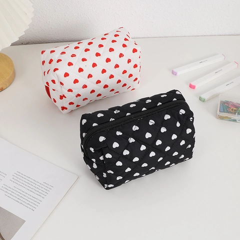 Doorgestikte Make-Uptas Met Hartjesprint Polyester Reis Toilettas Draagbare Cosmetische Opbergtas Koreaanse Stijl Voor Dames