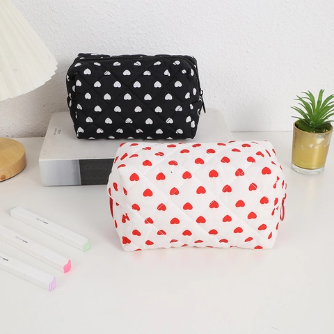 Doorgestikte Make-Uptas Met Hartjesprint Polyester Reis Toilettas Draagbare Cosmetische Opbergtas Koreaanse Stijl Voor Dames
