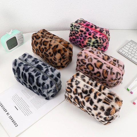 Leopard Print Kunstfell Federmäppchen Plüsch Make-up Tasche Große Kapazität Tragbare Reise Aufbewahrungstasche