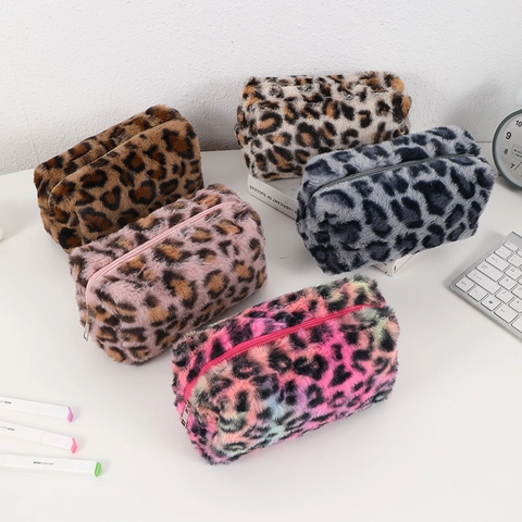 Leopard Print Kunstfell Federmäppchen Plüsch Make-up Tasche Große Kapazität Tragbare Reise Aufbewahrungstasche