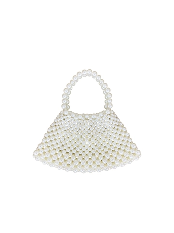 Elegante Handgefertigte Künstliche Perlen Fächerförmige Handtasche Damen Gewebte Hohle Mini Tote Bag Für Hochzeit Party Bankett Weiß