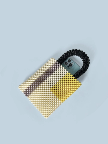 Handmade Acrylic Beaded Handbag Vintage Color Block Weaving Square Tote For Women Daily Casual Small Top Handle Purse
