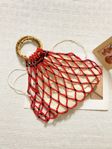 Women Vintage Beaded Handwoven Bag Natural Bamboo Handle Bohemian Style Beach Vacation Handbag Red Black Bead Tote