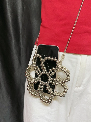 Women Silver Beaded Flower Shape Mini Crossbody Bag Handmade Beaded Phone Bag Sweet Cool Style Accessory