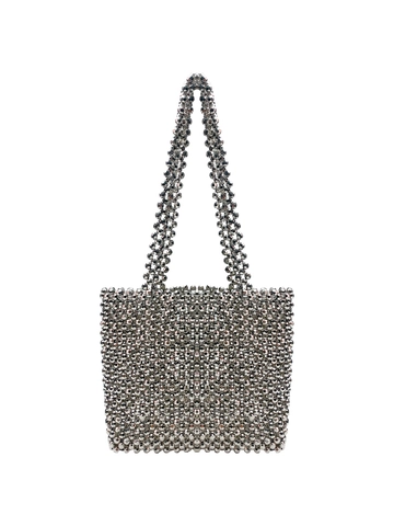 Women Shiny Silver Beaded Shoulder Bag Hand Woven Acrylic Small Square Handbag Fashion Retro Hollow Out Party Tote Bag