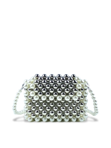 Hand Woven Beaded Crossbody Bag Faux Artificial Pearl Silver Beads Mini Flap Elegant Evening Handcrafted Purse For Women