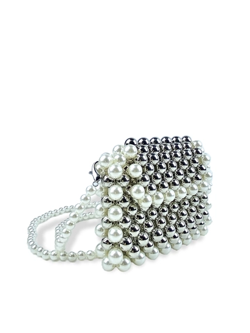 Hand Woven Beaded Crossbody Bag Faux Artificial Pearl Silver Beads Mini Flap Elegant Evening Handcrafted Purse For Women