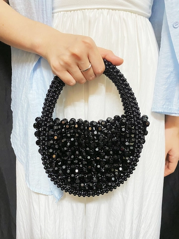 Handmade Beaded Handbag Acrylic Faux Artificial Pearl Woven Half Moon Round Evening Party Bag For Women Vintage Chic