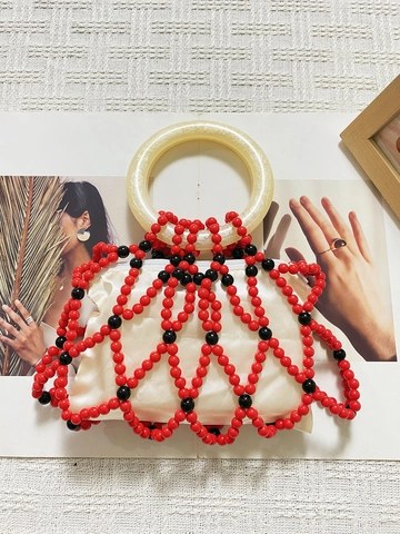 Borsa a Mano con Perline Fatta a Mano in Acrilico Intrecciato Manico Rotondo Borsa alla Moda Retro per Donna Festa Matrimonio Uso Quotidiano