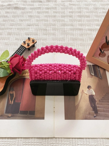 Bolso De Cuentas Rosa Acrílico Hecho A Mano Retro Tejido Hueco Mini Bolso De Mano Moda Mujer Color Caramelo