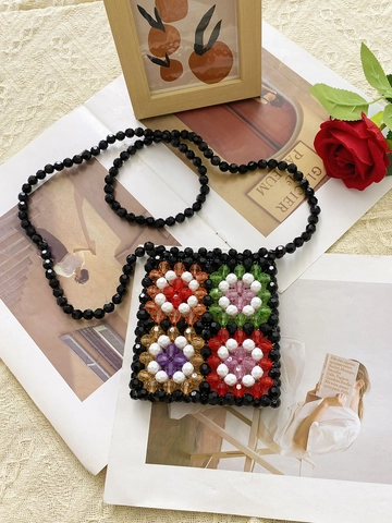 Mini Borsa a Tracolla con Perline Fatta a Mano Motivo Floreale in Acrilico Intrecciato Piccola Borsa a Spalla per Donna Bambini