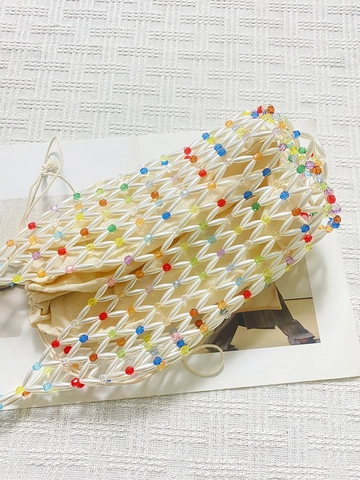 Handgefertigte Perlen Tasche Hohl Gewebte Strand Eimer Tasche Acryl Bunte Perlen Mit Kordelzug Innenbeutel Für Damen