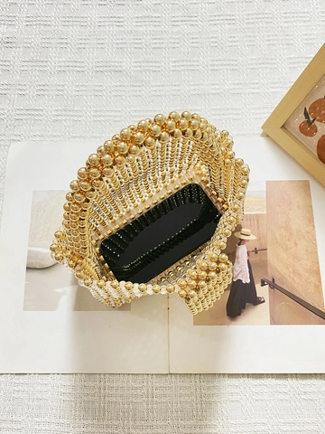 Damen Luxus Handgefertigte Perlenhandtasche Vintage Elegant Bankett Tasche Gold Und Klare Perlen Gewebt Korbtasche