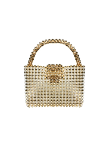 Damen Luxus Handgefertigte Perlenhandtasche Vintage Elegant Bankett Tasche Gold Und Klare Perlen Gewebt Korbtasche