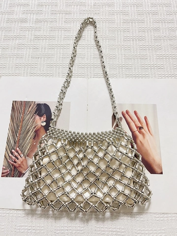 Borsa Sottobraccio in Acrilico con Perline Fatte a Mano per Donna Borsa a Tracolla a Rete Argento con Catena Moda Street Style