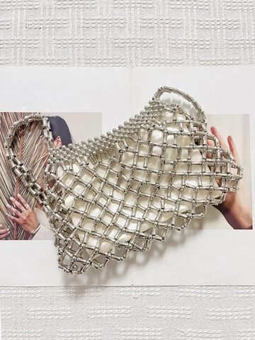 Borsa Sottobraccio in Acrilico con Perline Fatte a Mano per Donna Borsa a Tracolla a Rete Argento con Catena Moda Street Style