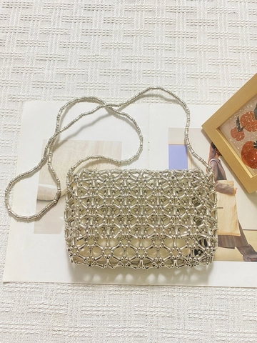 Silver Beaded Crossbody Bag Hand Woven Acrylic Hollow Mesh Shoulder Bag With Inner Pouch Fashion Geometric Beaded Handbag Women