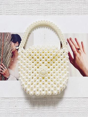 Handmade Artificial Pearl Beaded Handbag For Women Elegant White Faux Artificial Pearl Clutch Evening Bag Floral Decor Vintage Style Party Hand-Woven Purse