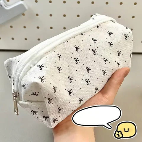 Large Capacity Canvas Pencil Case Stationery Storage Bag For School Students Cute Bowknot Musical Note Pattern Ins Style