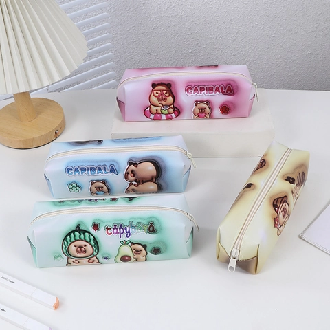 Estuche Para Lápices De Capibara Lindo Gran Capacidad Cuero PU Cremallera Bolsa Papelería Degradado Dibujos Animados