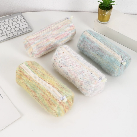 Cute Plush Pencil Case Cylindrical Large Capacity Stationery Pouch Macaron Colors Knitted Pen Bag For School Girls