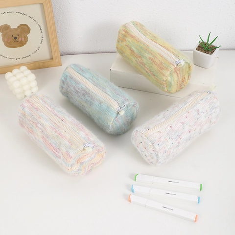 Cute Plush Pencil Case Cylindrical Large Capacity Stationery Pouch Macaron Colors Knitted Pen Bag For School Girls