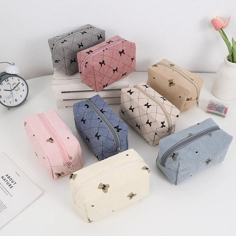 Corduroy Cosmetic Makeup Bag Large Capacity Travel Toiletry Organizer With Bear Bow Embroidery Pattern Pen Case For Women Girls
