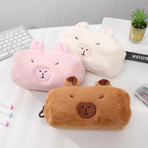 Trousse À Crayons En Peluche Mignon Capybara Forme Animale Grande Capacité Pochette Papeterie Étudiant Dessin Animé École