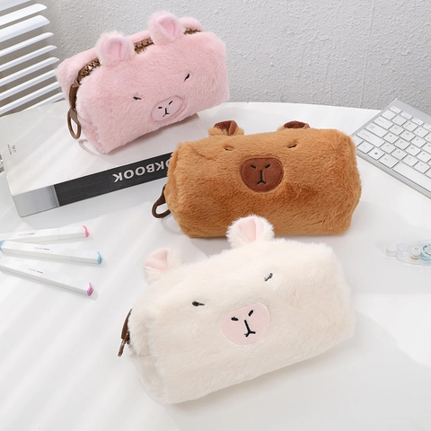 Trousse À Crayons En Peluche Mignon Capybara Forme Animale Grande Capacité Pochette Papeterie Étudiant Dessin Animé École